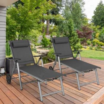 Adjustable Aluminum Folding Chaise Lounge Chair with Wheels (2 Pack)