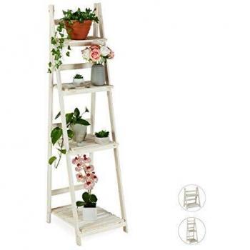 Estantería Plegable para Plantas de Madera, Diseño Shabby-Chic, 4 Niveles, Interior y Exterior, 160x41x50 cm, Blanco