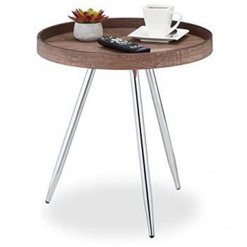 Mesa Auxiliar Redonda Vintage Relaxdays, Tablero Estilo Madera MDF y Acero, 48x46 cm, Marrón/Plata