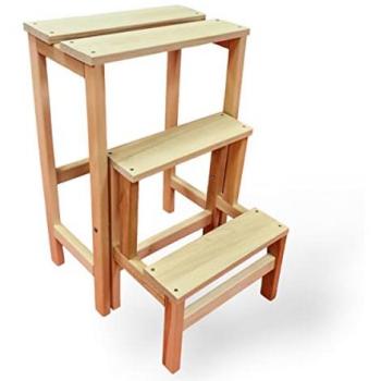 Escalera Taburete Plegable 3 Peldaños de Madera Maciza 2 en 1 - Estabilidad y Diseño Práctico