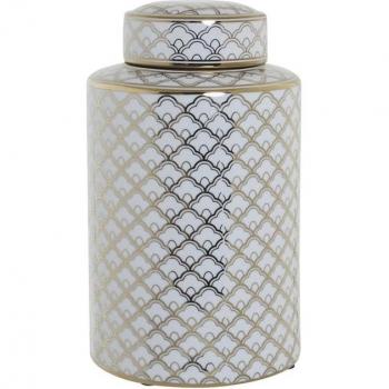 Jarrón de porcelana blanco con detalles dorados y medidas 18 x 18 x 30,5 cm