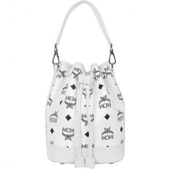 MCM Dessau Mini White Bucket Bag with Drawstring Closure