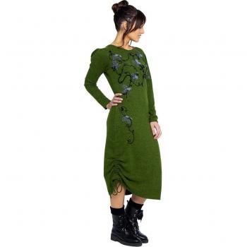 Mamatayoe - Vestido midi La Bohéme para mujer, manga larga, escote redondo, bordado en delantero, color verde