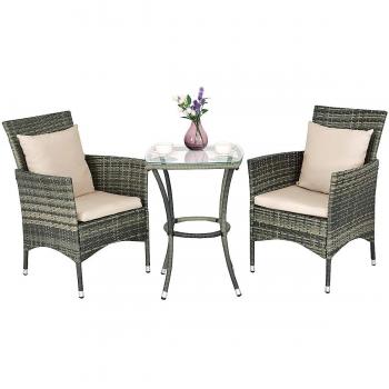 Conjunto de Muebles de Ratán para Patio y Jardín - Incluye 2 Sillas y 1 Mesa con Cojines, apto para Exterior e Interior
