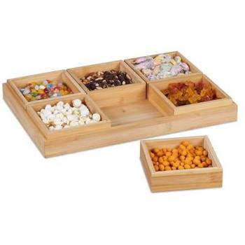 Juego de Bandeja de Aperitivos en Bambú, 6 Cuencos para Patatas Fritas, Frutos Secos y Dulces, Natural