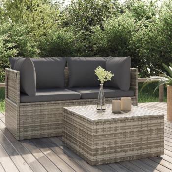 3-Piece Grey Poly Rattan Garden Lounge Set with Cushions
