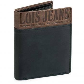 Lois - 12420 Cartera Monedero Billetero Tarjetero para Hombre de Piel Vertical. Porta Monedas con Clip. Compartimentos para Tarjetas, documentación y Billetes, Color Negro-Marron