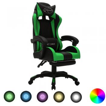 Silla gaming con luces LED RGB cuero sintético verde y negro