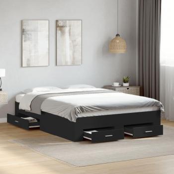 Cama de madera de ingeniería negra con cajones 135x190 cm