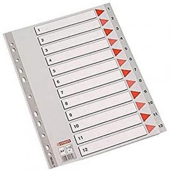 Esselte Índices numéricos de plástico, PP, Tamaño folio, Tipo 1-12, Gama STD, Gris, 49205