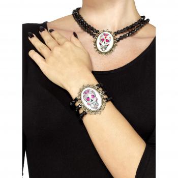 Smiffy's-48180 Brazalete de Cuentas del día de Muertos, Color Negro, No es Applicable
