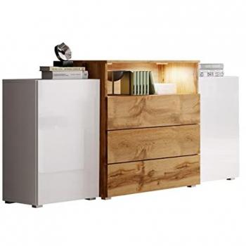 Cómoda Sarasota 127, Blanco y Wotan Roble, con 3 Cajones y 2 Puertas, Dimensiones 150x81x39cm