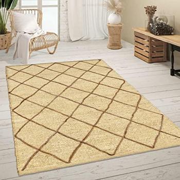 Alfombra Salón Yute Fibras Naturales Hecha a Mano Motivo 3D Escandinavo Moderno 120x170 cm, Color: Crema