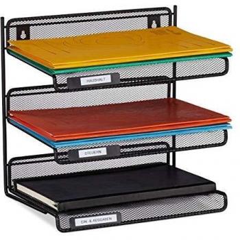 Organizador de Documentos de Metal Relaxdays, 3 Compartimentos, A4, Montaje en Pared, Negro