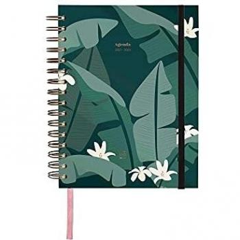 UO Agenda 2021 2022 Semana Vista, Tropical, Papel 100gr, 126 pegatinas, goma elástica, cinta registro, separadores mensuales y bolsillo, 16,8x22 cm, Verde, 8435449351734