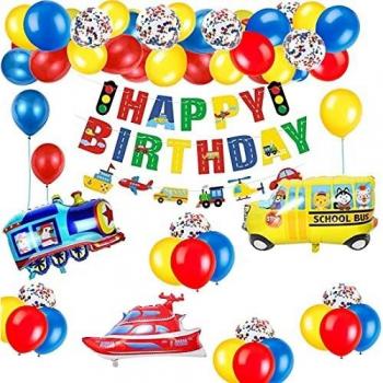 Decoraciones de fiesta de cumpleaños para niños Korins avión tren coche de policía autobús globos de aluminio pancarta de feliz cumpleaños suministros para fiestas de cumpleaños para niños