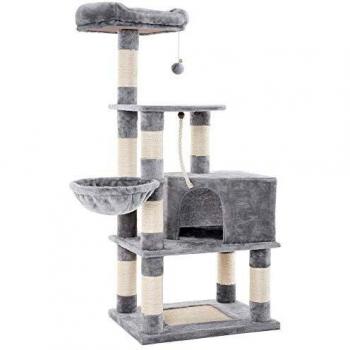 Árbol rascador alto para gatos gris claro con bola de juego, cesta flotante, caseta y postes de sisal