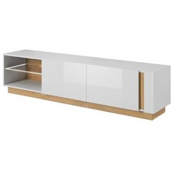 Mueble TV MURARI - 2 puertas y 2 estantes - Con LEDs - Blanco brillante y roble