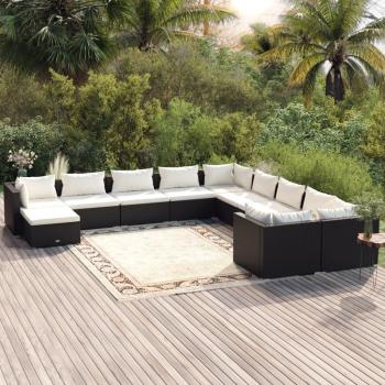 11-Piece Black Poly Rattan Garden Lounge Set with Cushions