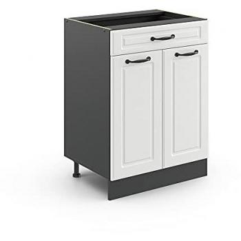 Mueble Bajo de Cocina R-Line, Blanco Casa de Campo/Antracita, 60 cm con Cajón, Sin Encimera