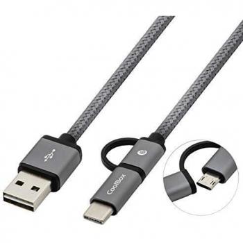 CoolBox COO-CAB-U2MC-GR - Cable 2 en 1 microUSB y USB-C, trenzado y resistente, conectores reversibles, gris
