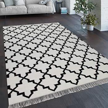 Alfombra Salón Motivo Marroquí Flecos Tejida a Mano en Lana y Algodón Blanco, tamaño 160x230 cm - Paco Home