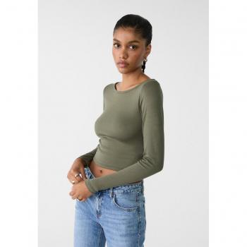 Stradivarius Khaki Boat Neck Basic T-Shirt Size S
