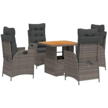 5 Piece Grey Poly Rattan Garden Dining Set with Cushions