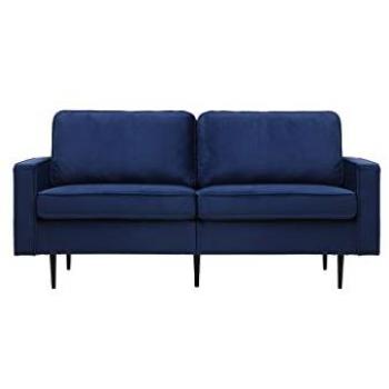 Sofá de diseño de terciopelo azul oscuro Carrie 2 plazas con patas de metal negro, revestimiento desenfundable y líneas limpias