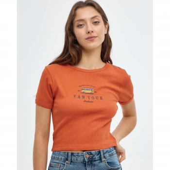 Camiseta crop de mujer de manga corta con cuello redondo y estampado de texto INSIDE
