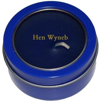 Candela en caja de metal con tapadera plástica con nombre grabado: Hen Wyneb