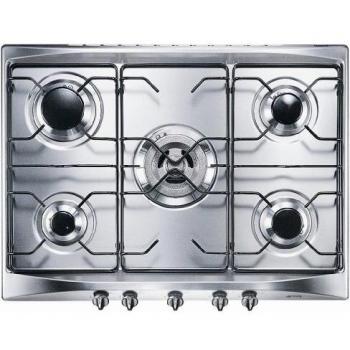 Smeg Piano de Cocción a Gas 70 cm Inoxidable 5 Fuegos Manijas Plateadas