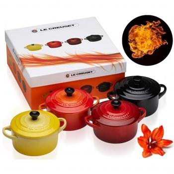 Le Creuset 91006900512000 Set de 4 cocottes pequeñas de cerámica de gres, 0.2 L Amarillo Soleil, Volcánico, Cereza, Negro, Multicolor