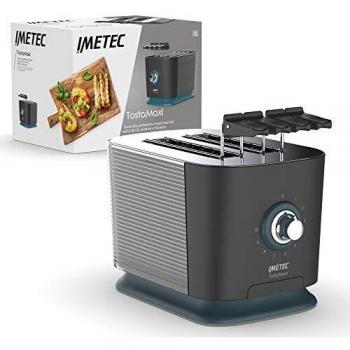 Imetec TostaMaxi, Tostadora con 2 ranuras extragrandes y pinzas modulables para tostadas extra-rellenas, 10 niveles de tostado, temporizador con auto-apagado, bandeja de migas, 600 W