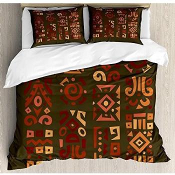 Juego de sábanas de 3 piezas Earth Tones Juego de funda nórdica, figuras africanas gráficas estilo Doodle en cuatro bordes verticales Acentos étnicos, juego de fundas de edredón / edredón de 3 piezas