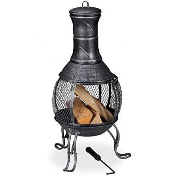 Chimenea Exterior de Acero y Hierro Fundido, 88x36cm, Brasero Jardín con Salvachispas y Atizador, Color Plateado - Relaxdays