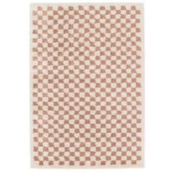Alfombra interior rectangular de tablero de ajedrez rosa y crema viejo, 230x160 cm, tipo shaggy