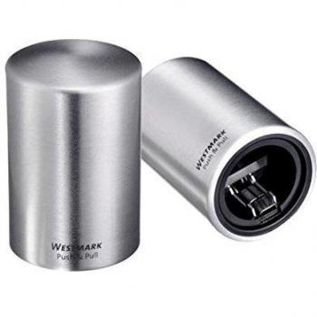 Westmark Abrebotellas automático/elevador de tapas, Para abrir botellas con tapa tipo chapa, Aluminio satinado, Push&Pull, Plateado, 5.3 x 5.3 x 8 cm