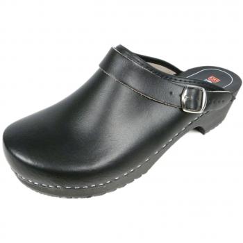 Buxa Zuecos de Cuero Unisexo con suela de Madera y Correa Ajustable. Negro. Talla 38