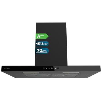 Campana Extractora Cecotec Bolero Flux TT 704400 Black A++ 70cm, Succión 413,3m³/h, Control Táctil Invisible, Acabado Negro y Cristal