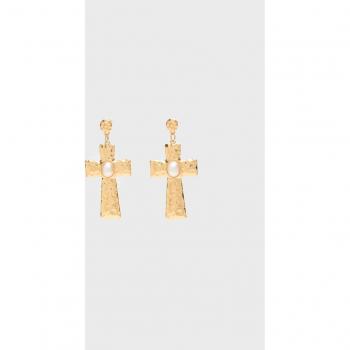Gold Faux Pearl Cross Earrings OS