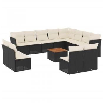 13-Piece Black Poly Rattan Garden Sofa Set with Cushions