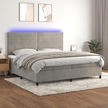 Cama box spring con colchón y LED de terciopelo gris claro 200x200 cm