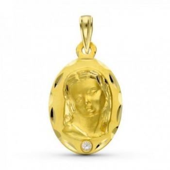 Medalla de Virgen Niña en oro 18k con circonita y detalles tallados
