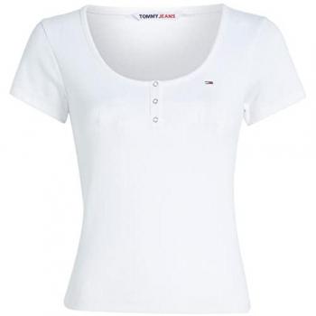 Top de mujer Tommy Jeans de manga corta con cierre de botones, camiseta blanca DW0DW16107-YBR talla S