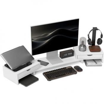 Elevador de Monitor Ajustable con 2 Cajones - Soporte de Escritorio para Portátil y PC, 60-116x22x12 cm, Blanco