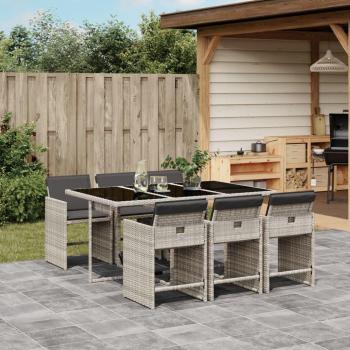 Set comedor jardín 7 pzas con cojines de ratán sintético gris claro
