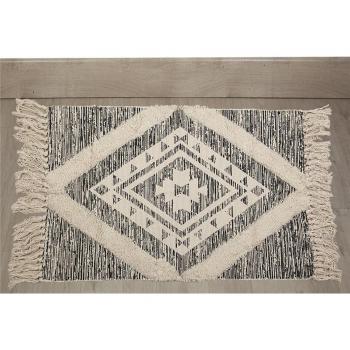 Alfombra Romimex de algodón y poliéster con flecos, color negro y beige, dimensiones 60 x 105 x 1 cm