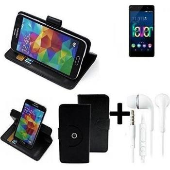TOP SET: 360° Funda Smartphone para Wiko Fever 4G, negro + Auriculares | Función de stand Caso Monedero BookStyle mejor precio, mejor funcionamiento - K-S-Trade | Funda Universal Caso Monedero cubierta del tirón Monedero Monedero