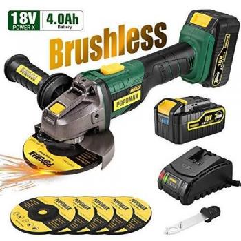 Amoladora Angular 18V Brushless, POPOMAN Angular Sin Escobillas 10000 RPM, batería de 4.0Ah, con mango lateral antivibración, 5 ruedas de molienda,Posición del mango auxiliar de 3, Cargador rápido